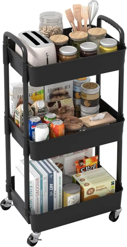 3Tier Rolling Cart Storage Trolley Kitchen Bathroom Laundry Organiser Rack Black - Under-Sink Organiser