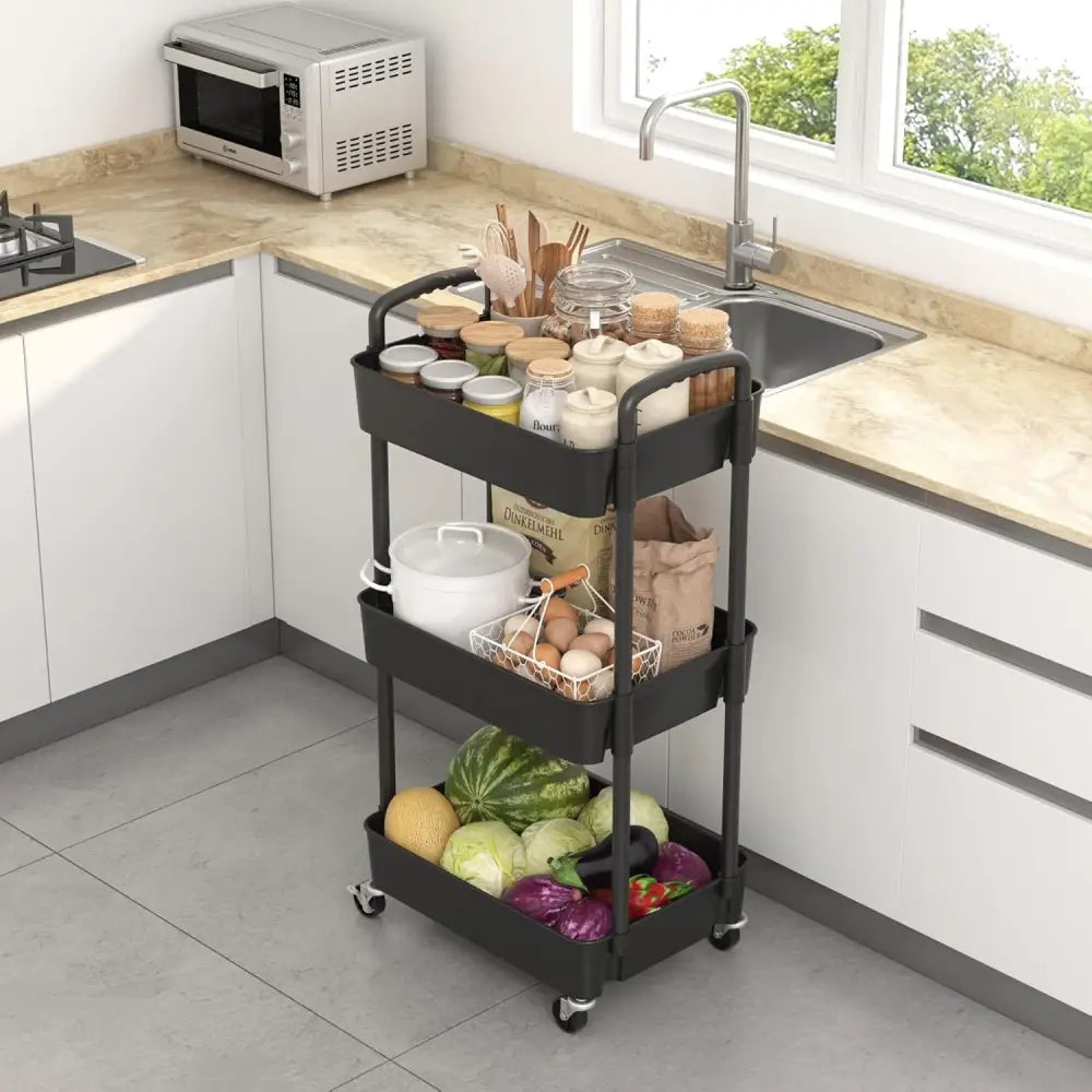 3Tier Rolling Cart Storage Trolley Kitchen Bathroom Laundry Organiser Rack Black - Under-Sink Organiser