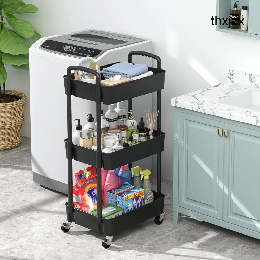 3Tier Rolling Cart Storage Trolley Kitchen Bathroom Laundry Organiser Rack Black - Under-Sink Organiser