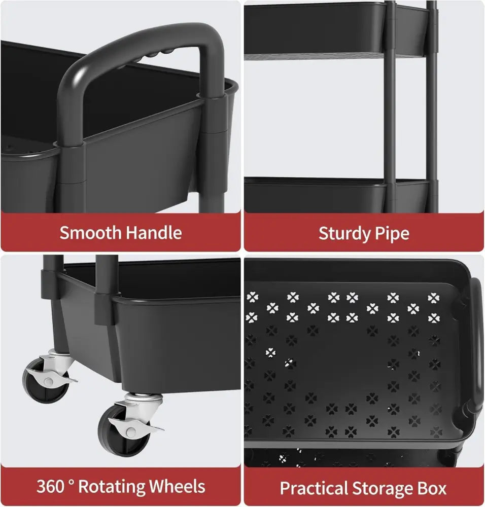 3Tier Rolling Cart Storage Trolley Kitchen Bathroom Laundry Organiser Rack Black - Under-Sink Organiser