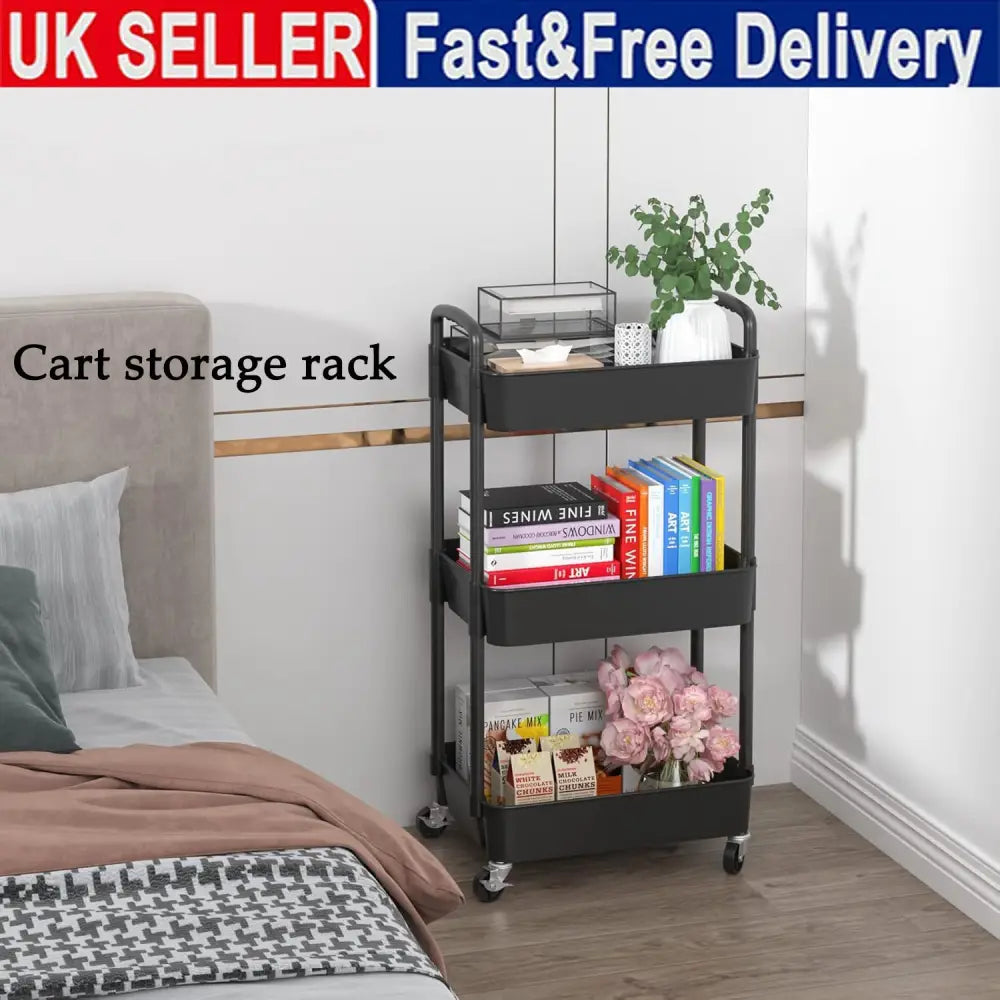 3Tier Rolling Cart Storage Trolley Kitchen Bathroom Laundry Organiser Rack Black - Under-Sink Organiser