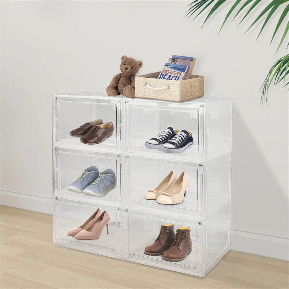 6 Pack Transparent Shoe Storage Boxes Hard Plastic Stackable Shoe Box Organiser - Transparent - Under-Sink Organiser
