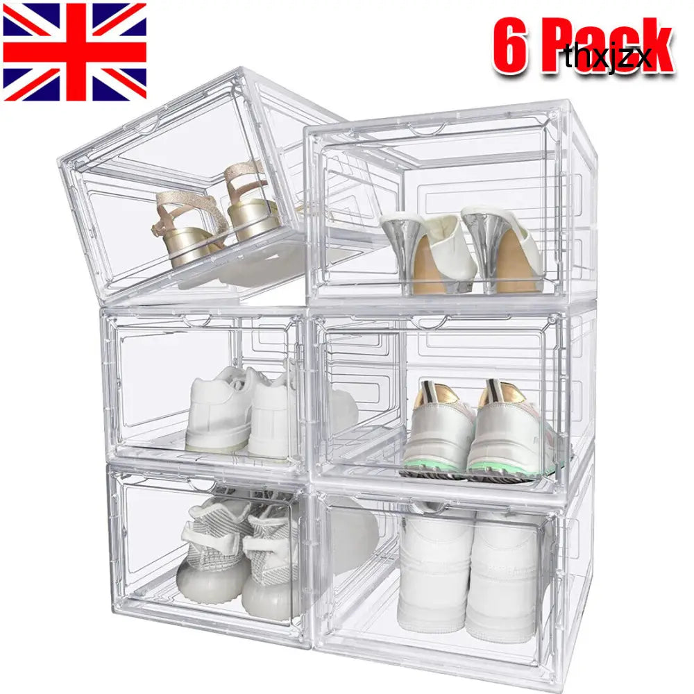 6 Pack Transparent Shoe Storage Boxes Hard Plastic Stackable Shoe Box Organiser - Transparent - Under-Sink Organiser