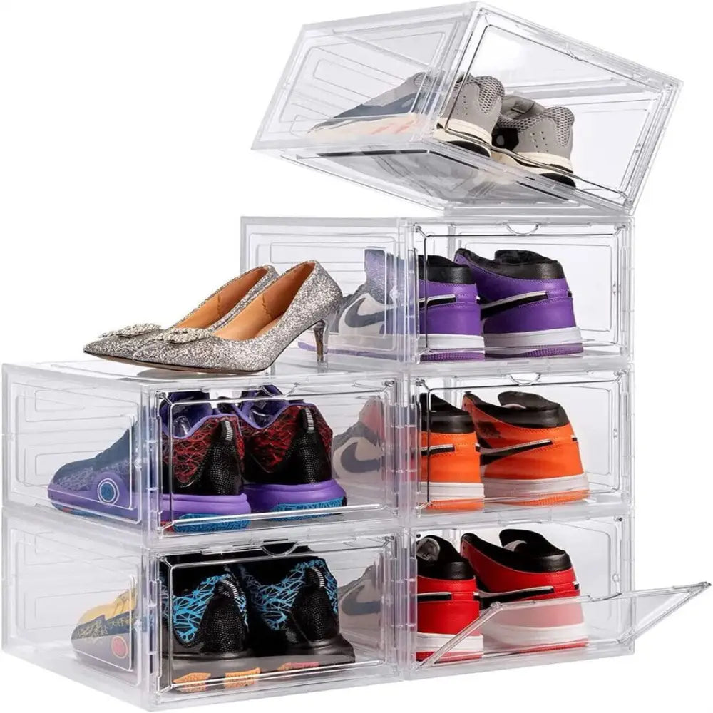 6 Pack Transparent Shoe Storage Boxes Hard Plastic Stackable Shoe Box Organiser - Transparent - Under-Sink Organiser