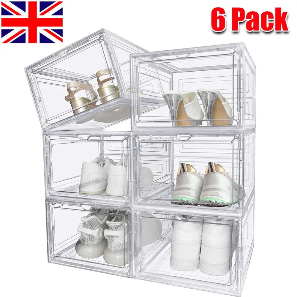 6 Pack Transparent Shoe Storage Boxes Hard Plastic Stackable Shoe Box Organiser - Transparent - Under-Sink Organiser