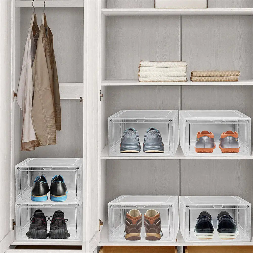 6 Pack Transparent Shoe Storage Boxes Hard Plastic Stackable Shoe Box Organiser - Transparent - Under-Sink Organiser