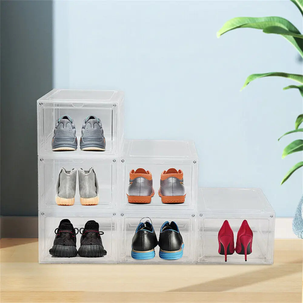 6 Pack Transparent Shoe Storage Boxes Hard Plastic Stackable Shoe Box Organiser - Transparent - Under-Sink Organiser
