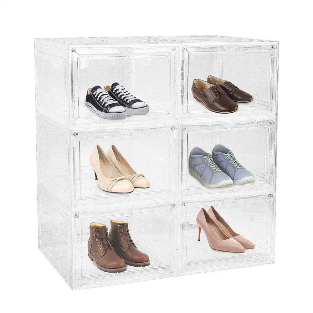 6 Pack Transparent Shoe Storage Boxes Hard Plastic Stackable Shoe Box Organiser - Transparent - Under-Sink Organiser