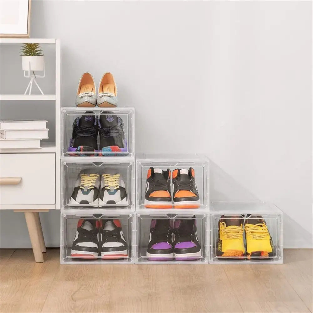 6 Pack Transparent Shoe Storage Boxes Hard Plastic Stackable Shoe Box Organiser - Transparent - Under-Sink Organiser