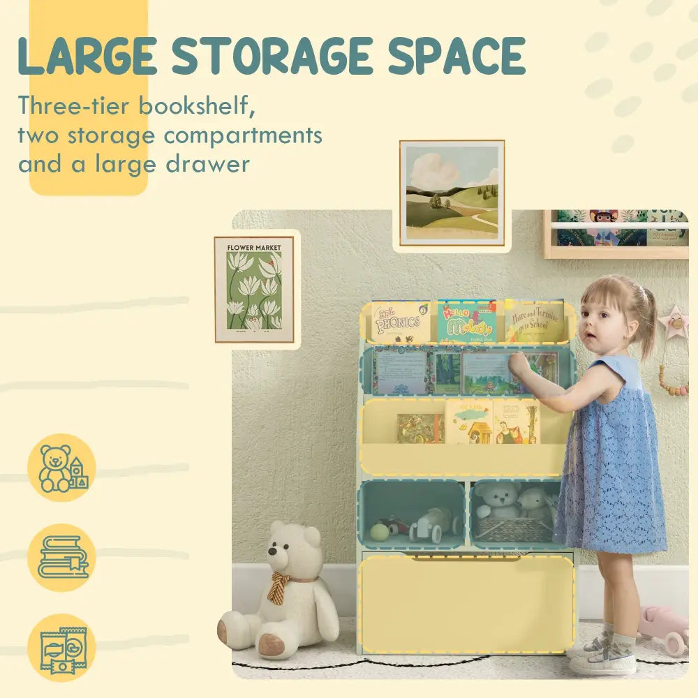 Kids Bookshelf Toy Organiser With Storage Drawer Wheels - Green - Green - Under-Sink Organiser
