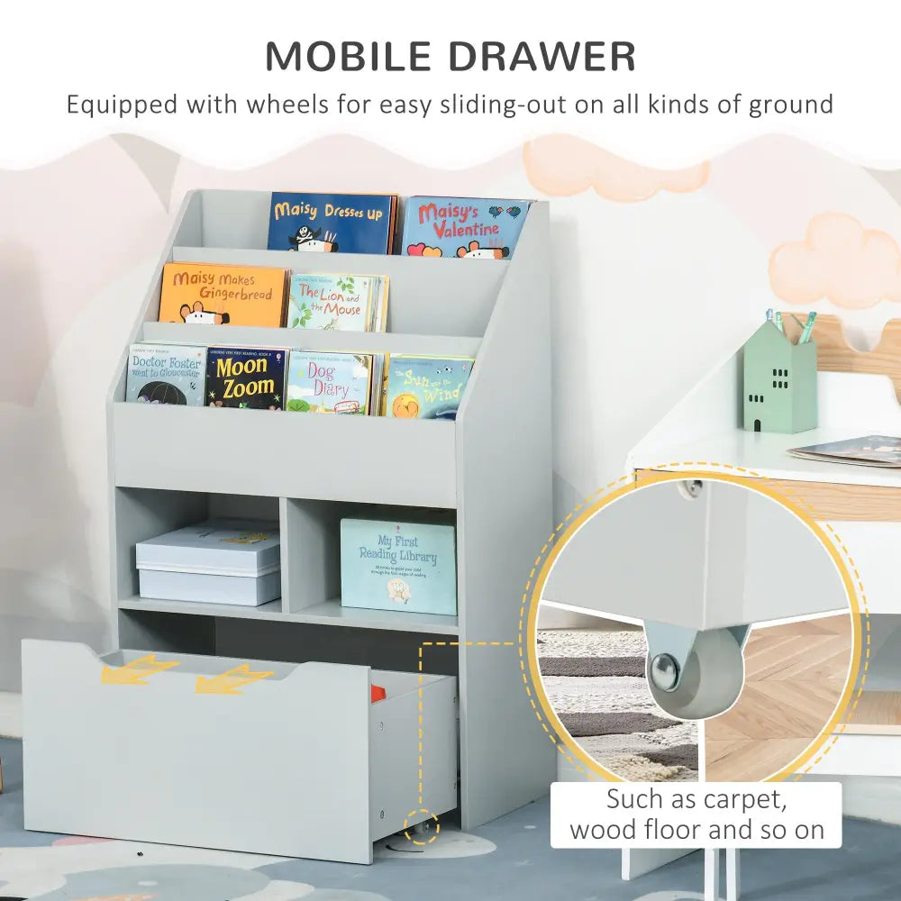 Kids Bookshelf Toy Organiser With Storage Drawer Wheels - Grey - Grey - Under-Sink Organiser