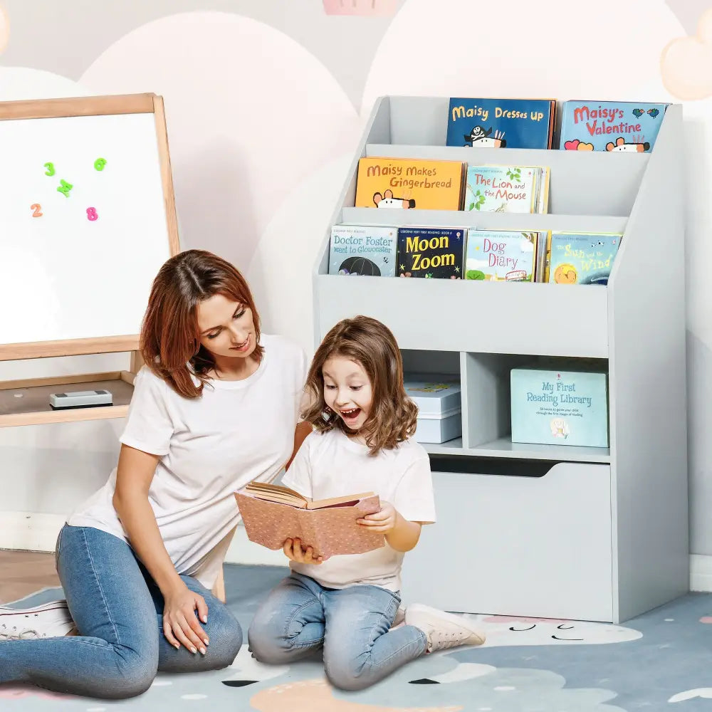 Kids Bookshelf Toy Organiser With Storage Drawer Wheels - Grey - Grey - Under-Sink Organiser