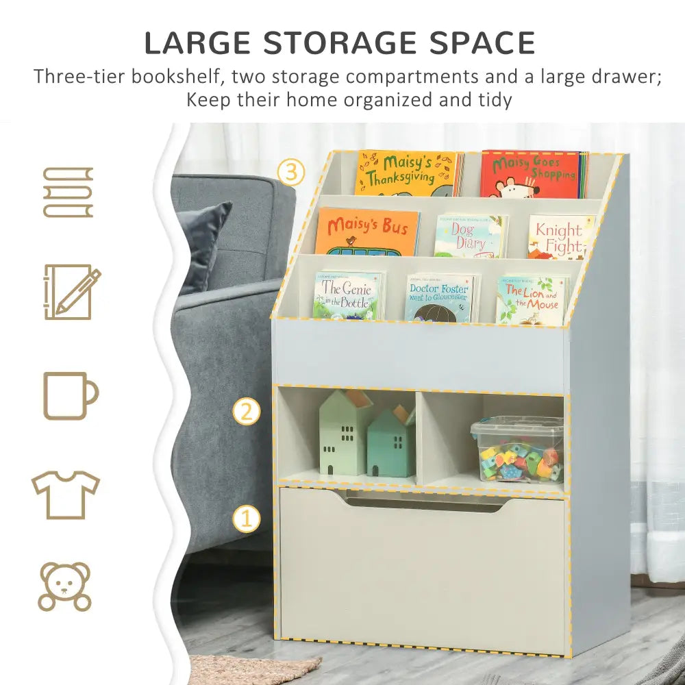 Kids Bookshelf Toy Organiser With Storage Drawer Wheels - Grey - Grey - Under-Sink Organiser