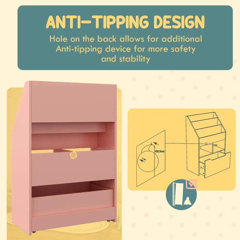 Kids Bookshelf Toy Organiser With Storage Drawer Wheels - Pink - Pink - Under-Sink Organiser