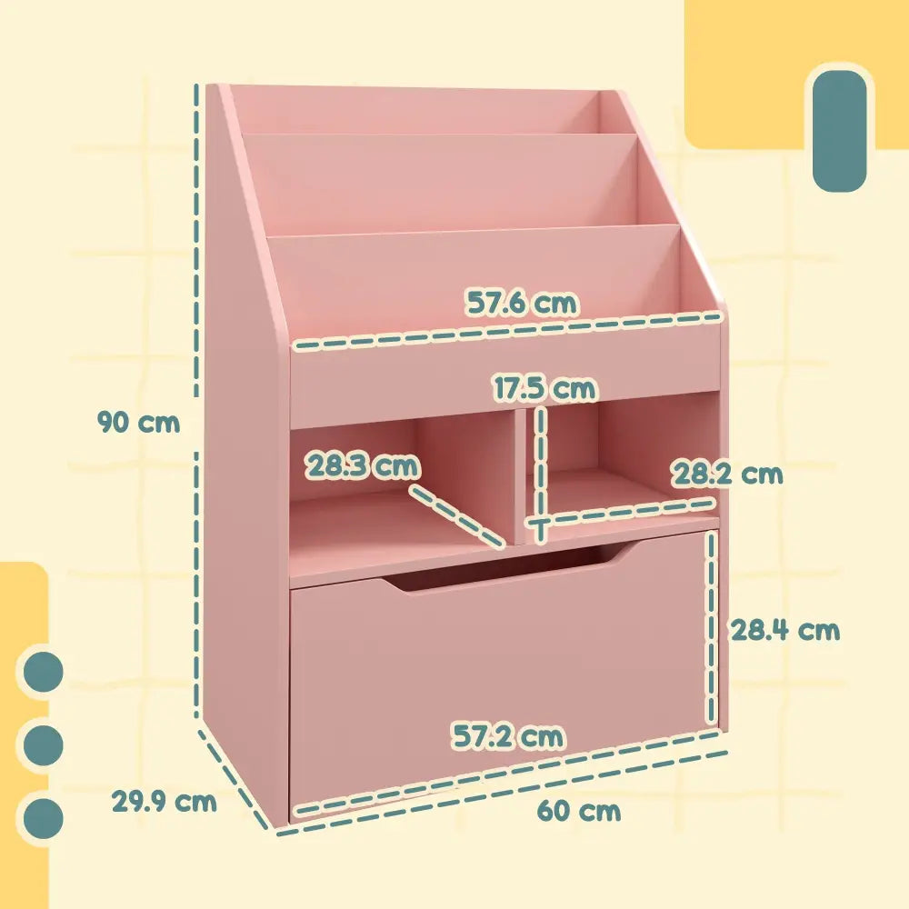 Kids Bookshelf Toy Organiser With Storage Drawer Wheels - Pink - Pink - Under-Sink Organiser