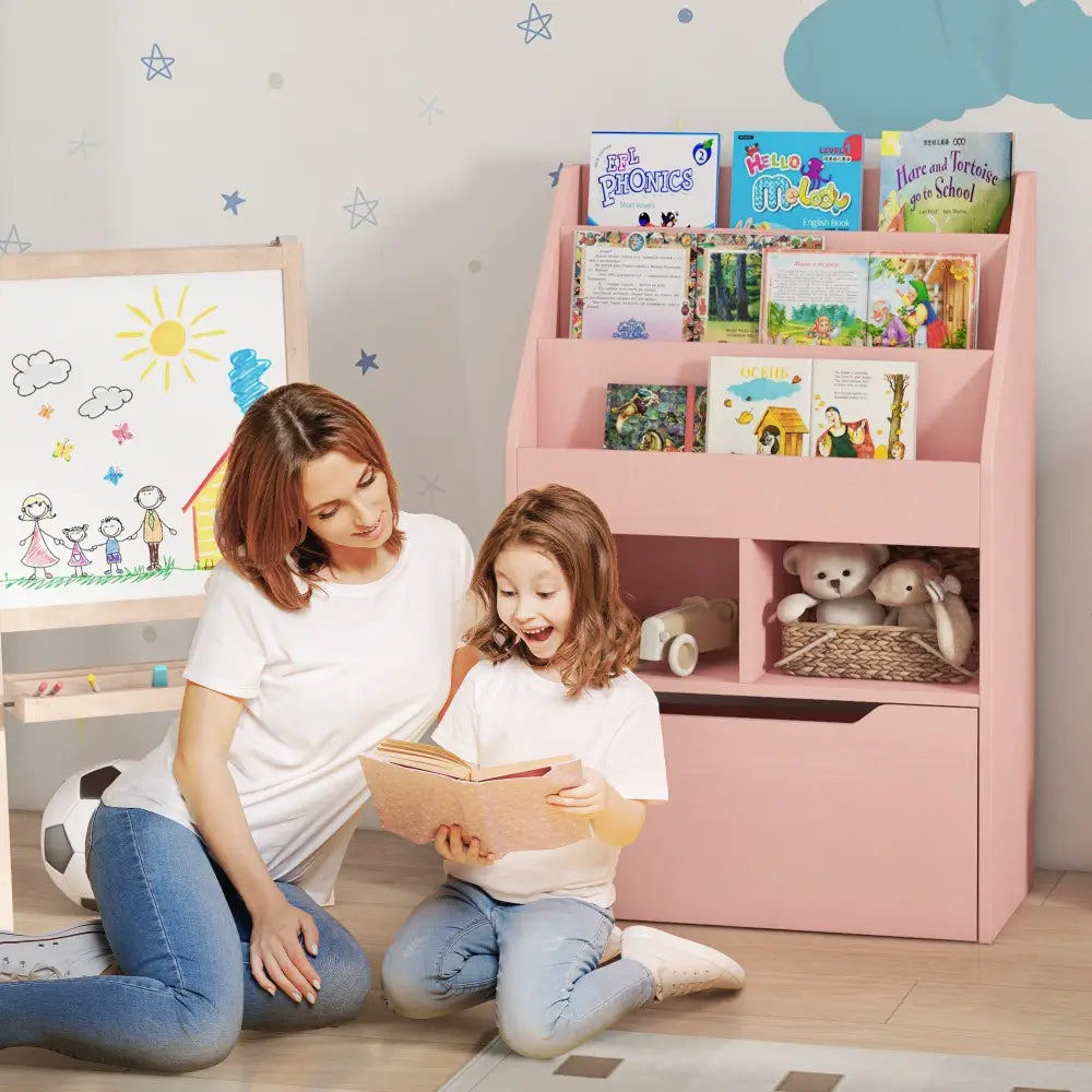 Kids Bookshelf Toy Organiser With Storage Drawer Wheels - Pink - Pink - Under-Sink Organiser