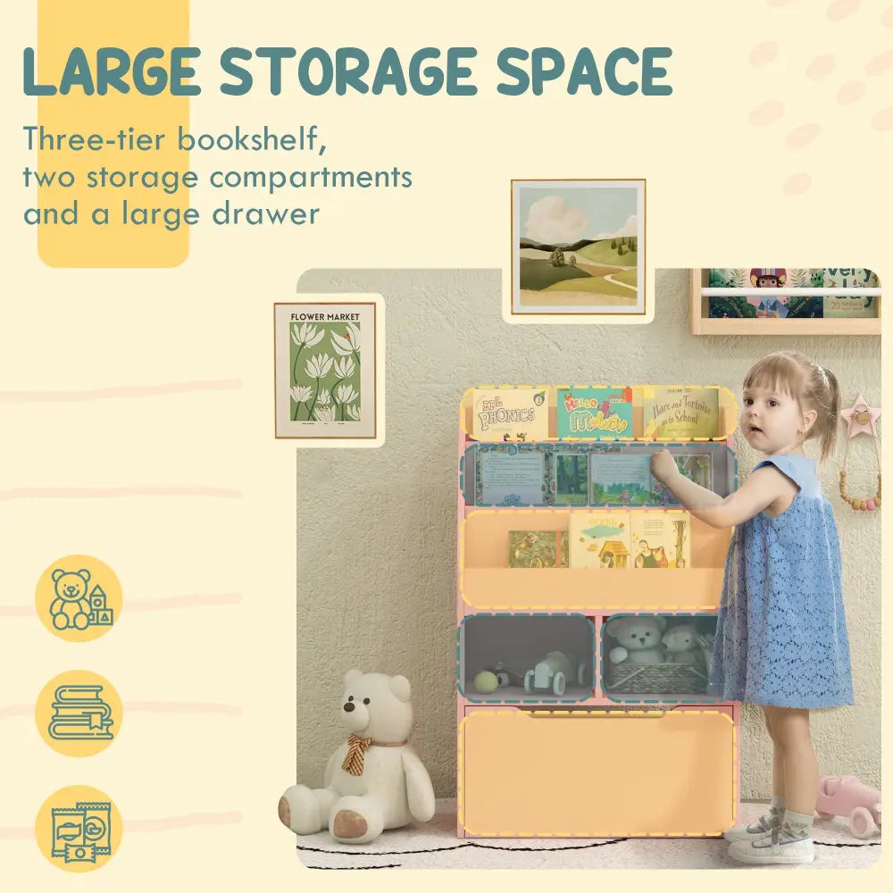 Kids Bookshelf Toy Organiser With Storage Drawer Wheels - Pink - Pink - Under-Sink Organiser