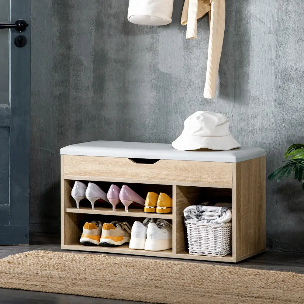 Shoes Cabinet Bench Hidden Storage Padded Seat Organiser Footwear Rack Hallway Oak Tone - Oak - Under-Sink Organiser