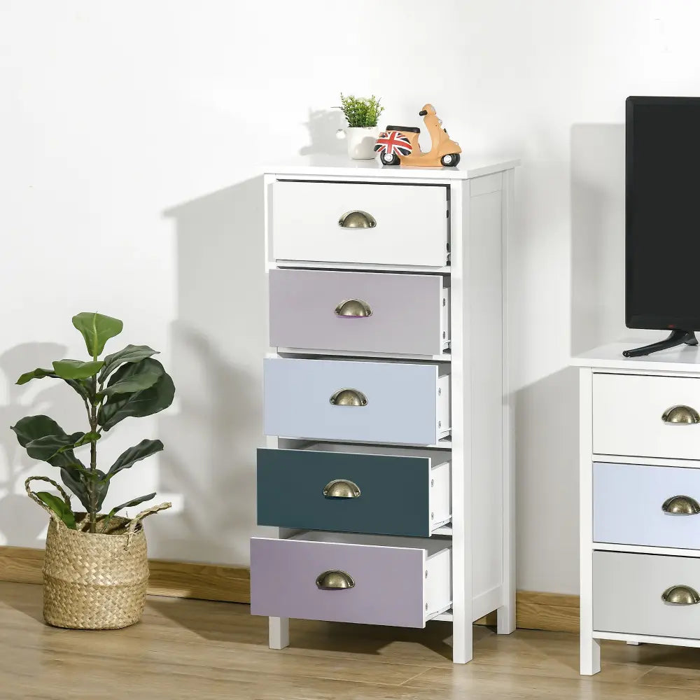 Slim Storage Cabinet Organiser Chest Of Drawers 5-Drawer Dresser With Metal Handle For Living Room Bedroom Blue - Multi