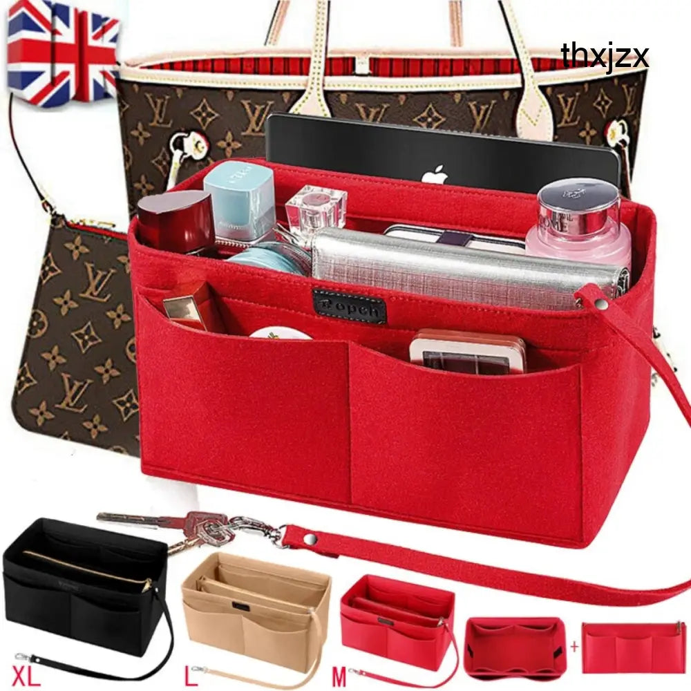 Women Ace Organizer Handbag Felt Travel Bag Insert Liner Makeup Organiser Pouch - Red L - Under-Sink Organiser
